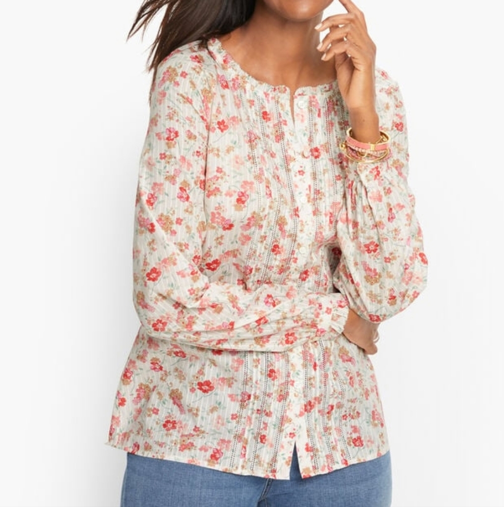 Talbots Ruffle Pintuck Blouse In Swirly Ditsy Floral Size S Button Front